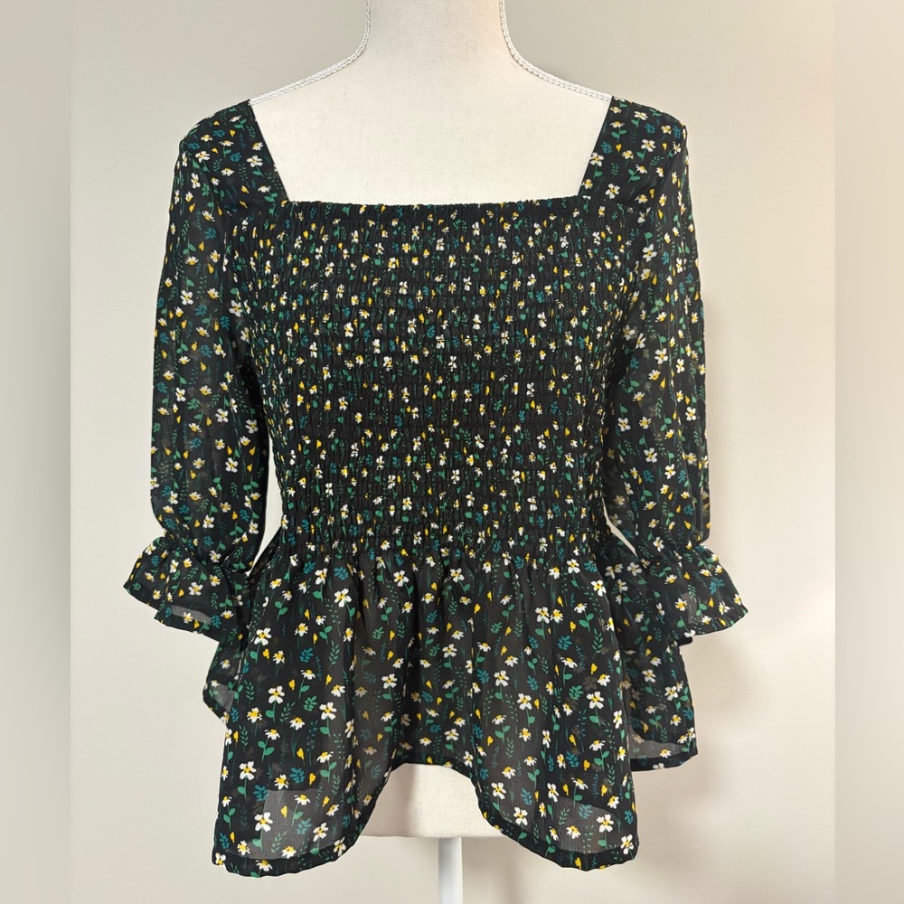 People Black Ditsy Floral Smocked Square Neck Peplum Blouse Size L